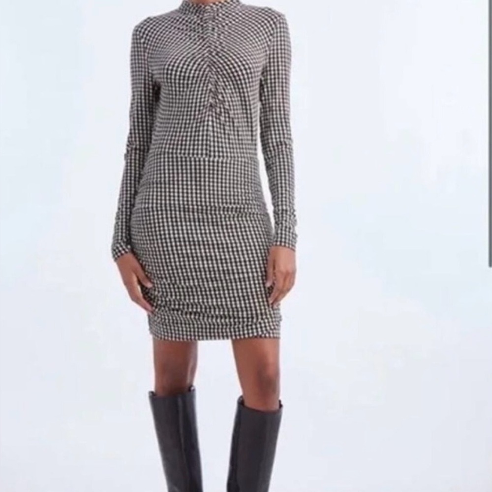 Veronica Beard Mizani Houndstooth Ruched Long Sleeve Dress Sz M NEW